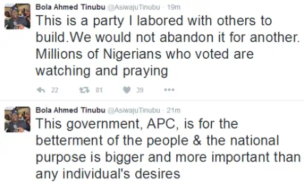 “APC is a party I labored with others to build, we would not abandon it for another”- Bola Tinubu